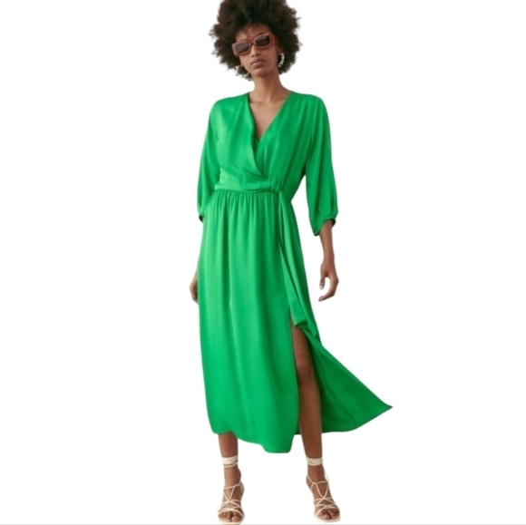 Zara Green Cutout Back Midi Length Dress Size Small - Picture 1 of 8